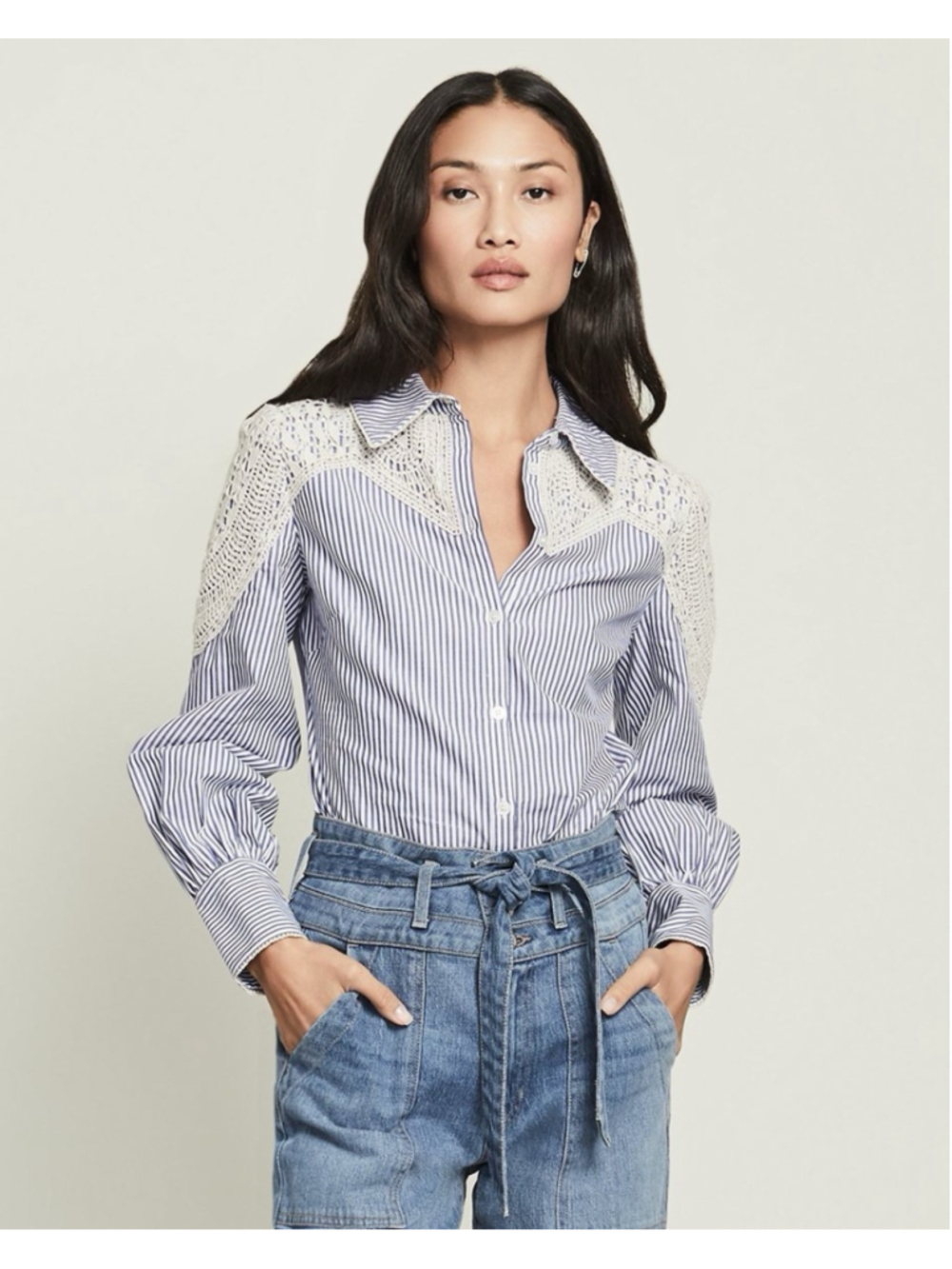 Veronica Beard Sachse Striped Cotton Blouse Crochet Accent 0 Western Prep Career